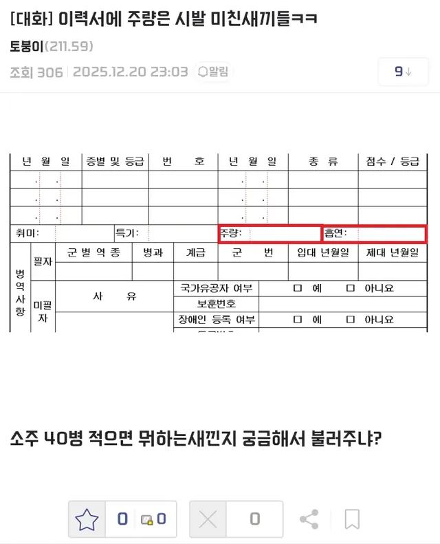 이력서에 주량을 적으라는게 말이 됨?이라는 토목공학 갤러