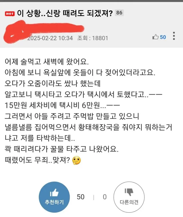 술 좀 마시고 집에 들어온 남편을 패려는 아내