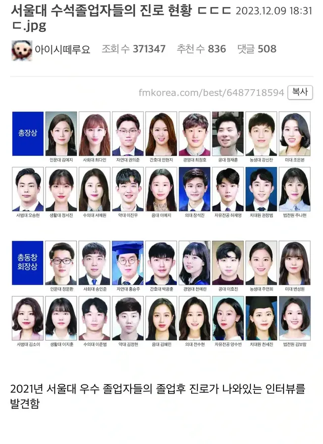 서울대 수석 졸업자들의 진로현황