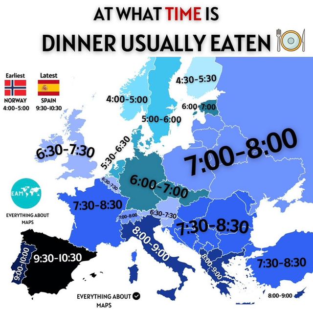 유럽 국가별 일반적인 저녁 식사 시간
