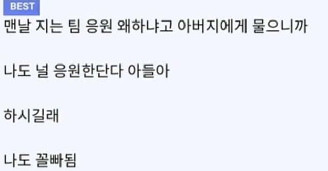왜 맨날 지는 팀 응원하냐고 아빠에게 물은 후기