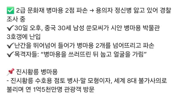 진시황 병마용 박물관 난입 파손한 중남 ㄷㄷ