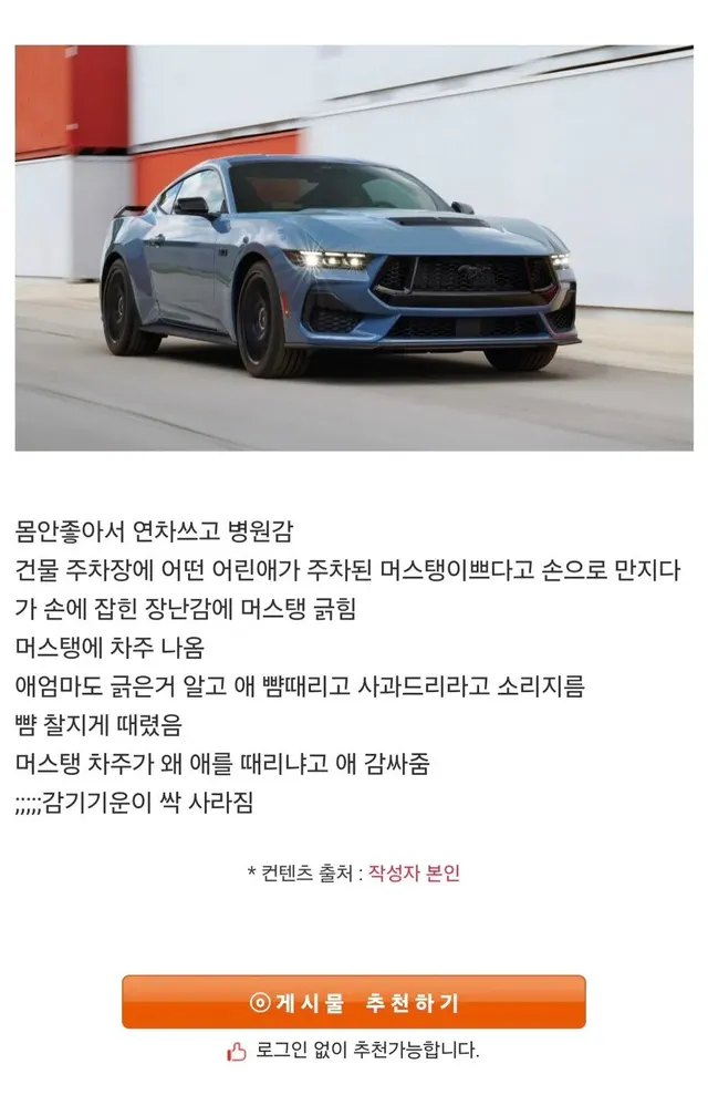 차 긁힌 머스탱 차주가 애엄마랑 싸움