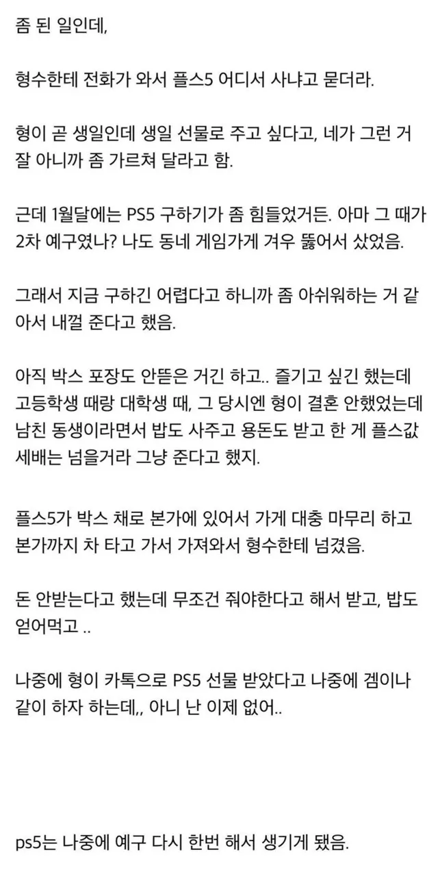 플5 예약구매 추첨 뚫고 사왔던 걸 형수가 가져간 썰.txt