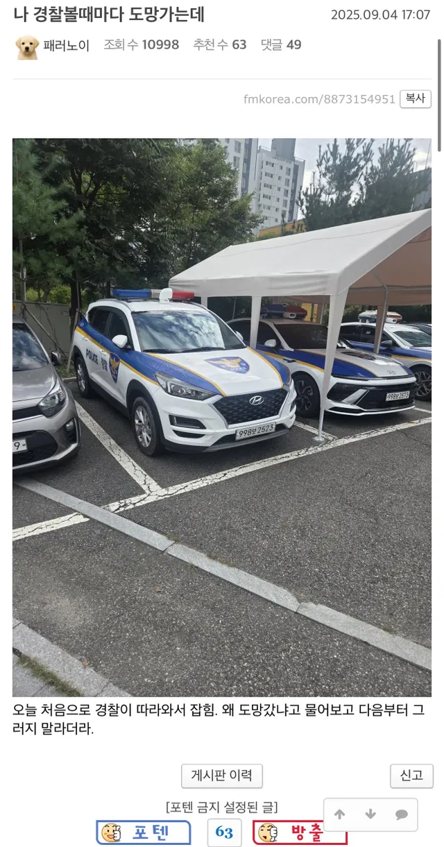 경찰 볼때마다 도망다니는 펨붕이