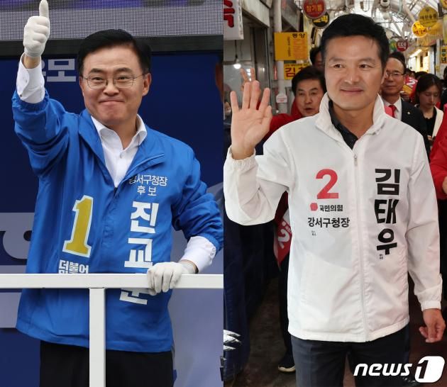 진교훈 더불어민주당 강서구청장 후보(왼쪽)와 김태우 국민의힘 강서구청장 후보가 8일 오후 각각 서울 강서구 등촌사거리와 남부골목시장에서 지지를 호소하고 있다. 2023.10.8/뉴스1 ⓒ News1 송원영 기자