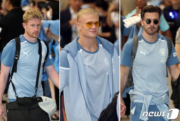 프리시즌 투어에 나선 맨체스터 시티(맨시티) 데 브라위너(왼쪽 사진부터)와 엘링 홀란드, 잭 그릴리시가 27일 오후 인천국제공항을 통해 입국하고 있다. 펩 과르디올라 감독을 비롯해 데 브라위너, 잭 그릴리시, 엘링 홀란드 등 맨시티 선수들은 2023 쿠팡플레이 시리즈를 통해 오는 30일 아틀레티코 마드리드(AT마드리드)와 서울월드컵경기장에서 맞붙는다. 2023.7.27/뉴스1 ⓒ News1 박정호 기자
