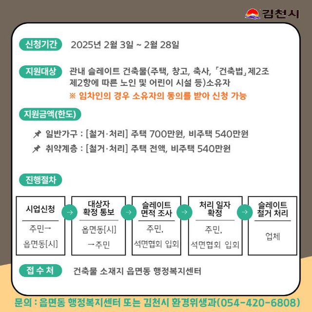김천시, 2025년도 슬레이트 처리 지원 사업 시행