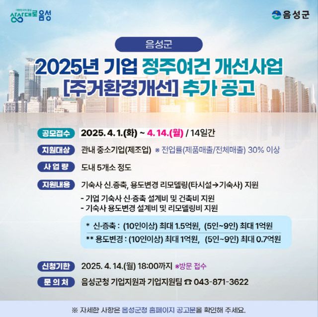 중소기업 정주여건 개선사업 기숙사 신･증축 지원 추가