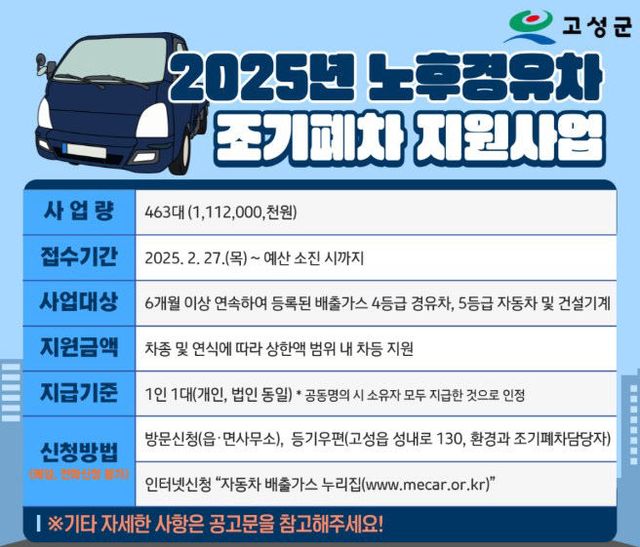 고성군, 2025년 노후경유차 조기폐차 지원사업 추진