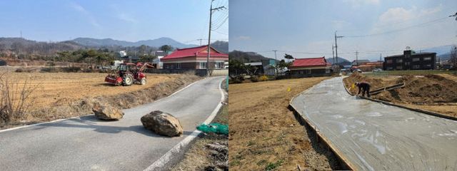 바위로 가로막힌 마을길 전과 후 사진