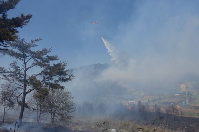 헬기를 투입해 산불을 진화하는 모습