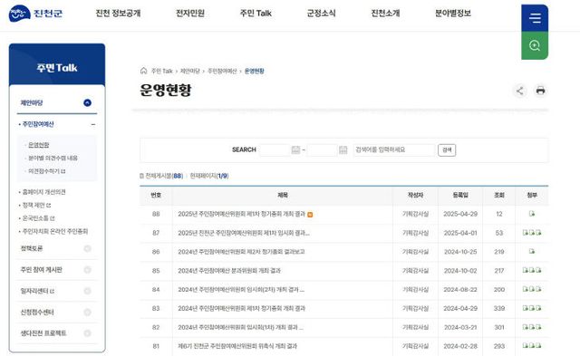 진천군 홈페이지 주민참여예산 신청 화면