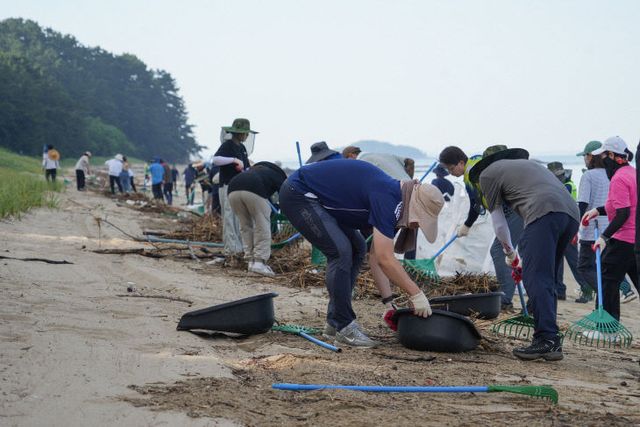 집중호우로 떠밀려 온 해양쓰레기를 수거하고 있다