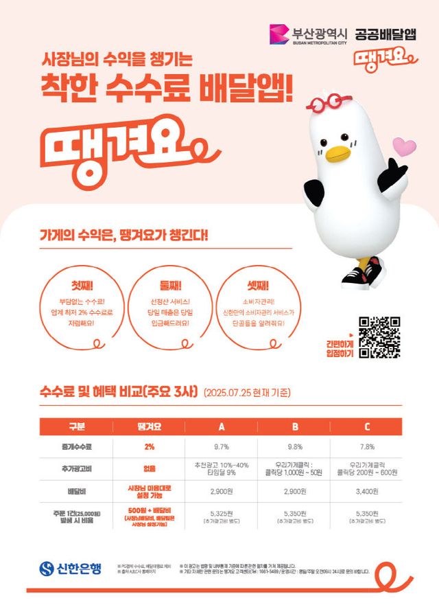 부산 소상공인 공공배달앱 ‘땡겨요’ 안내장. 부산시 제공