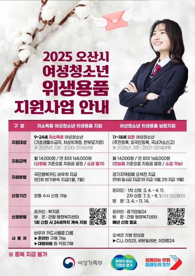 오산시, 당당한 성장 ‘여성청소년’위생용품 지원