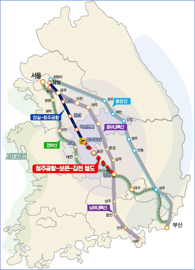 청주공항-김천 철도건설 노선도