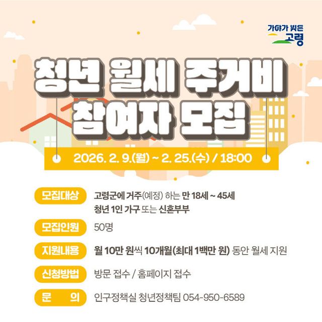 고령군 청년 월세 주거비 지원사업 대상자 모집