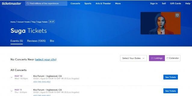 방탄소년단(BTS) 멤버 슈가의 미국 단독 콘서트 티켓 판매를 주관한 현지 티켓 판매사 / 사진=티켓마스터 캡처
