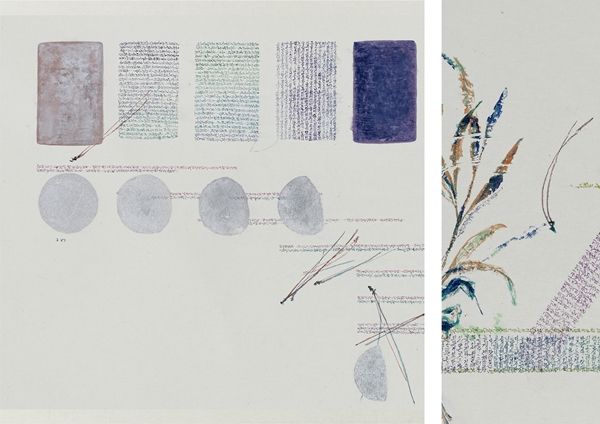 ▲ 기록1, 순지에 채색 및 혼합재료, 40x129cm, 2024 일부분 확대(좌) / 잣대, 순지에 채색, 61x127cm, 2024 일부분 확대(우), 유정 올해 작업의 일부이다. 번지지 않도록 종이에 아교물을 바른 후 작업한다. 채워진 부분보다도 여백이 깔끔하게 트이도록 신경쓴다.