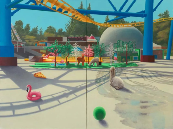 ▲ Flamingo and Alpaca, 2023,&nbsp;Acrylic on canvas,&nbsp;210x280cm / 사진: 초이앤초이갤러리 제공&nbsp;