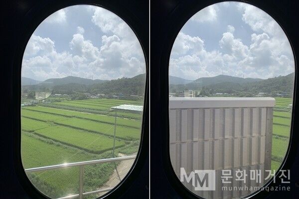 ▲ 유정은 여전히 작업과 직장을 병행하며 전시를 이어가고 있다. 두 가지를 모두 해내려면 빨간 날도 쉬는 시간도 배제하며 마감 기한부터 챙겨야 한다. 그런 내게 유일하게 아무것도 안 해도 된다고 허락된 시간 중 하나가 바로 기차 타는 시간이다. 온 몸에 힘을 빼고 창밖을 보고 있으면 쉼이 얼마나 귀한 것인지 절절히 느낀다 / 사진: 유정 제공