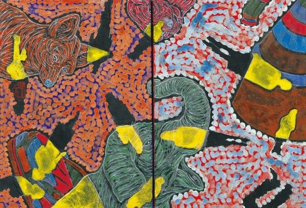 ▲&nbsp;유목동물+인간-문명 2018-7, 34 X 49.5cm, 한지에 수묵채색 및 아크릴, 2018 / 사진: 갤러리이레 제공