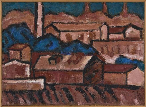 ▲ 이상국, '공장지대 (구로동에서)'. 1978, 마포에 혼합재료, 59×81cm / 사진: 가나아트 제공&nbsp;