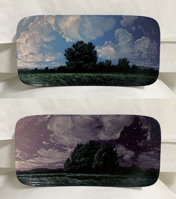 ▲ Conscious environment-22-31, 16x30cm, Acrylic on resin, 2022, 이원순(위)​​​​​​​Conscious environment-22-38, 16x30cm, Acrylic on resin, 2022, 이원순(아래) / 책을 읽으며 생각하는 자리, 그 자리의 눈높이에 두고 감상하는 작품들. 너른 논과 시간이 흐르는 하늘, 바람이 부는 공간에서 안정을 많이 찾고 있다