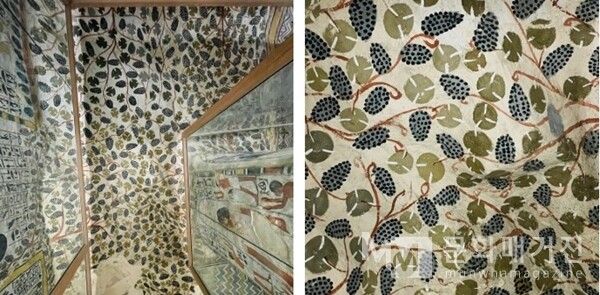 귀족의 무덤 센노페르의 무덤(NO 96 Tomb of Sennofer). 벽면을 가득 채운 포도나무 무늬는 자연을 단순히 재현한 것이 아니라 풍요와 영생을 상징한다. 세밀한 반복과 규칙적인 리듬은 이집트 미술이 추구한 질서와 조화의 미학을 보여준다. 자연의 생명력을 패턴으로 정제해, 삶과 죽음 너머의 영원한 세계를 그려냈다 / 사진: 한민광 제공