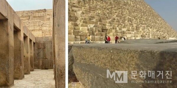 ▲ 기자 피라미드 앞 신전의 내부 기둥과 외부 바닥 모습. 거대한 화강암과 현무암이 정교하게 맞물려 있으며, 표면은 놀라울 만큼 매끈하게 다듬어져 있다. 수천 년 전의 돌이지만, 오늘날에도 그 정밀함이 여전히 생생하다 / 사진: 한민광 제공