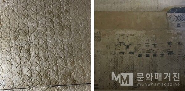 ▲ 사카라 무덤의 벽면에 새겨진 별무늬와 직선 패턴. 정교하게 새겨진 선과 기하학적 무늬는 단순한 장식이 아니라 하늘과 질서를 상징했던 고대 장인들의 세계관을 보여준다. 시간이 바래도 그 손끝의 정밀함은 여전히 생생하다 / 사진: 한민광 제공