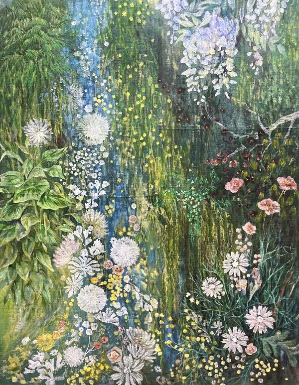 ▲ 꿈의 정원, 삼베 위에 먹, 석채, 안채, 117×91cm, 2025