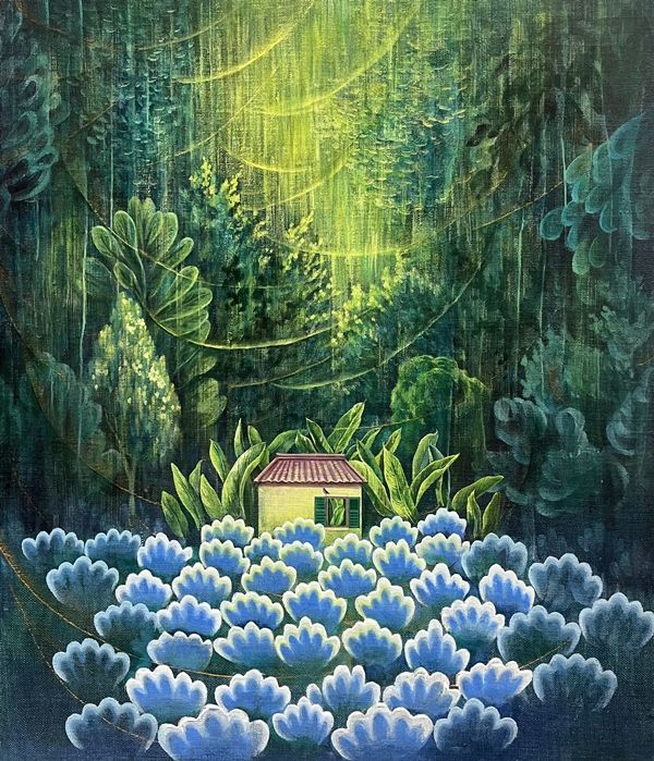 ▲ 달빛 정원, 쪽염한 삼베 위에 먹, 석채, 안채, 53x45.5cm , 2025