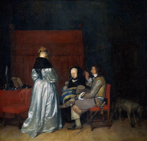▲ Gallant Conversation(용감한 대화), Gerard ter Borch, 1654년경. (해당 작품은 아버지가 딸을 꾸짖는 모습을 묘사한 것으로 여겨지지만, 현대 미술사학자들은 이를 두 명의 잠재적인 연인 사이의 대화로 보고 있으며, 약혼에 대한 논의 혹은 더 가능성이 높은 것은 매춘굴에서 매춘부를 유혹하는 손님으로 본다.)