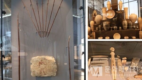 ▲ 고대 이집트의 사냥용 창과 화살, 다양한 흙 그릇과 도자기, 그리고 인물 토우가 함께 진열된 생활 유물 컬렉션 / 사진: 한민광 제공