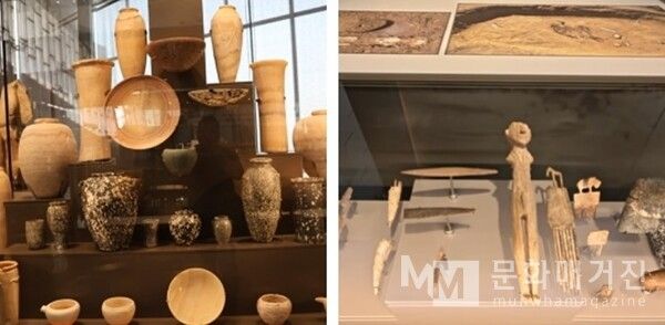 ▲ 다양한 형태의 흙 그릇과 도자기, 그리고 신앙과 관련된 인물상 및 생활 도구가 진열된 고대 이집트의 공예품 컬렉션 / 사진: 한민광 제공