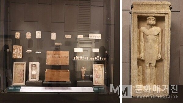 ▲ 실생활을 묘사한 공물 모형과 부장품이 진열장에 있으며, 오른쪽에는 귀족의 부조가 새겨진 석회암 석비가 서 있다 / 사진: 한민광 제공