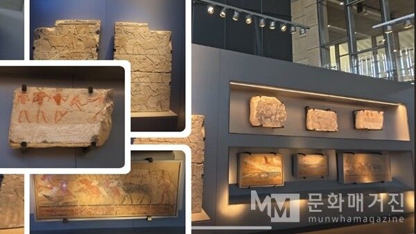 ▲ 고대 이집트의 사냥, 농사 등 일상과 채색 부조를 보여주는 석회암 조각 파편들 / 사진: 한민광 제공