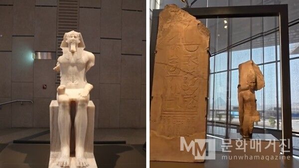 ▲ 파라오의 좌상, 히에로글리프가 새겨진 대형 석판, 그리고 거대한 조각상 파편 등 왕권을 상징하는 석조 유물들 / 사진: 한민광 제공