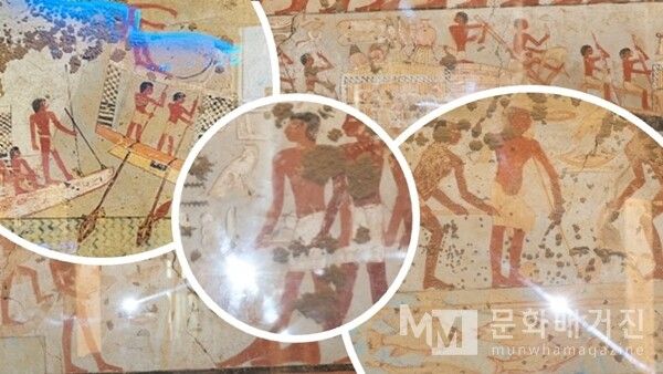 ▲ 고대 이집트 무덤 벽화의 일부로, 어부들이 배 위에서 고기를 잡거나 노동하는 일상생활 장면과 인물들을 채색하여 보여준다 / 사진: 한민광 제공