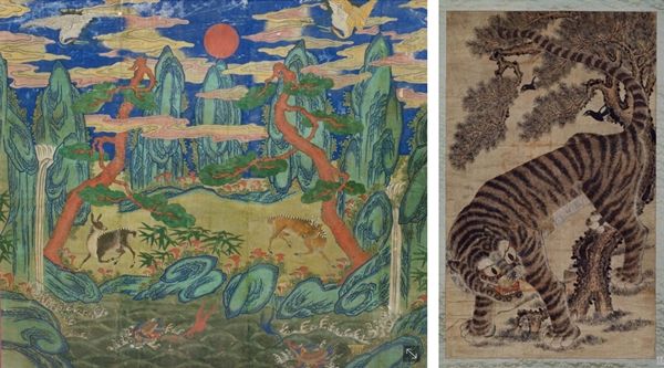 ▲ 십장생도 가리개(좌) 호랑이와 까치(우) / 사진: 국립고궁박물관, 국립중앙박물관 제공