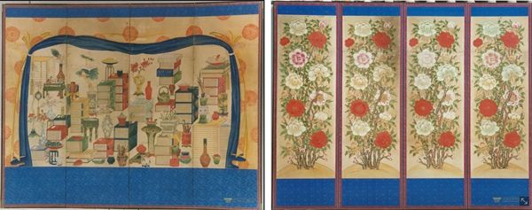 ▲ 책가도 병풍(좌), 모란도 병풍(우) / 사진: 국립고궁박물관 제공