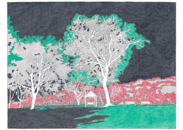 ▲ 불안 속에서 걷고 걷다가 마주친 풍경. 짙은 그늘을 드리운 것처럼 보이도록 그렸다 / 그림: 정혜원