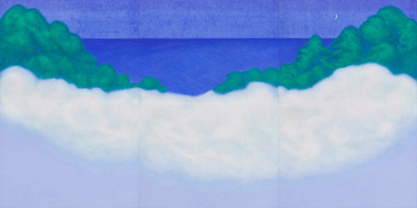 ▲ 정유미, 구름파도와 마주 앉아 보렴, 2025, 장지에 동양화물감 채색, 240×480cm / 사진: (재)한원미술관 제공&nbsp;