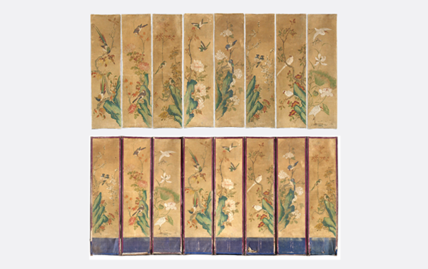 ▲ 8장의 편화 상태로 된 '화조도(민속24221)'(상)를 가상으로 장황 복원한 병풍(하) / 사진: 국립민속박물관 제공