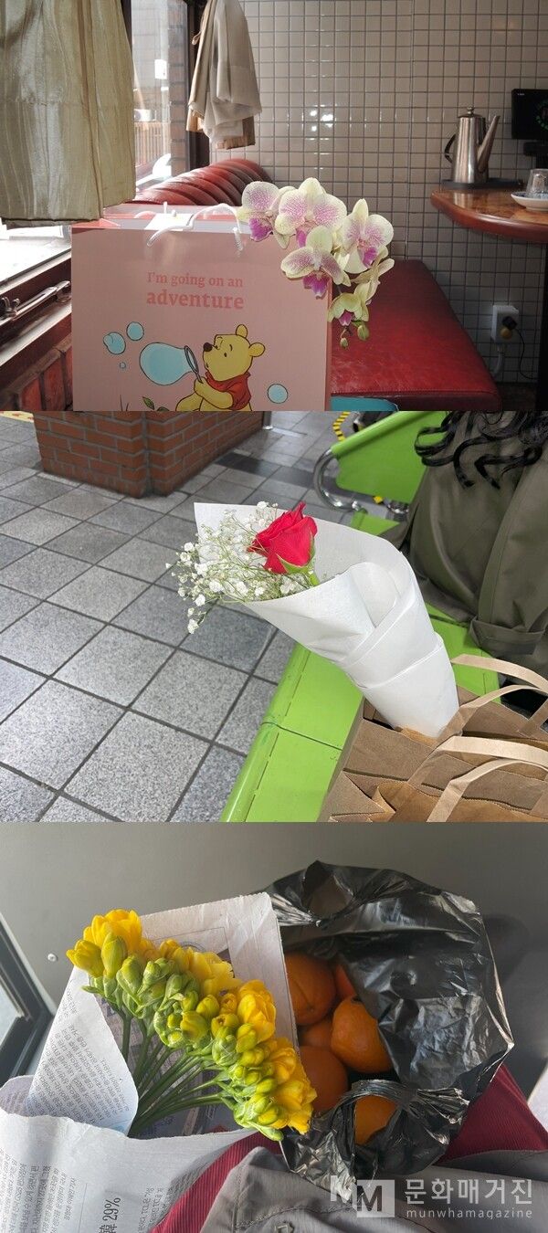 ▲ 내가 선물했던 꽃들. 작은 꽃송이들인데도 선물하는 내 마음도 받는 사람의 기분도 몽글몽글해진다. 난초꽃과 빨간 장미 한 송이 그리고 오렌지와 후레지아 / 사진: 권선미 제공