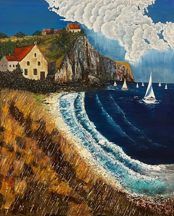 ▲ The Sea Remembers, the Cliffs Listen (바다는 기억하고, 절벽은 듣는다), oil on canvas, 121.9x152.4cm, 2025&nbsp;/ 사진: 갤러리이레 제공&nbsp;