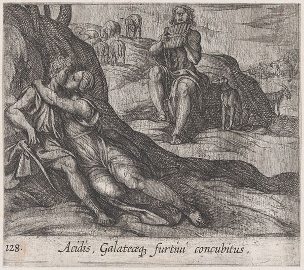 ▲ Galatea and Acis Embracing, while Polyphemus Sings for Galatea - Antonio Tempesta(1555-1630), 갈라테이아와 아시스가 포옹하는 것을 멀리서 폴리페무스가 지켜보고 있다. 그는 갈라테이아를 위해 악기를 연주하며 노래하고 있다