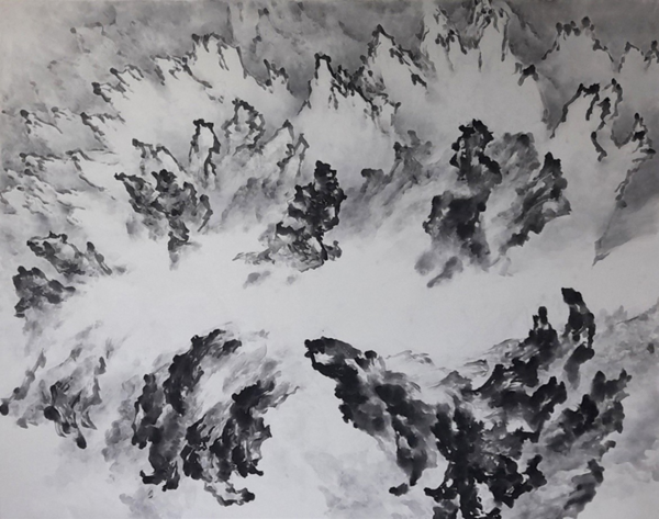 ▲ 한진만,&nbsp;천산 Heavenly Mt, 2025, Sumook on Korean paper, 138×178cm / 사진: 아트센터 화이트블럭 제공